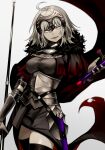  1girl ahoge armor armored_dress black_cape black_dress black_thighhighs cape chain commentary_request dress fate/grand_order fate_(series) gauntlets grey_hair headpiece highres holding holding_polearm holding_sword holding_weapon jeanne_d&#039;arc_alter_(avenger)_(fate) jeanne_d&#039;arc_alter_(fate) looking_at_viewer open_mouth pale_skin plackart polearm sheath short_hair simple_background solo sumi_(gfgf_045) sword thigh-highs torn_cape torn_clothes weapon white_background yellow_eyes 
