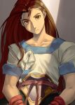  1boy a_(user_vtsy8742) brown_eyes brown_hair expressionless fei_fong_wong hair_down highres light long_hair looking_at_viewer male_focus shade shirt short_sleeves sitting solo two-tone_shirt upper_body xenogears 