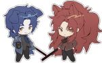  1boy 1girl animal_ears ascot black_pants blue_ascot blue_coat blush chesed_(project_moon) chibi closed_mouth coat cup dog_ears dog_tail gebura_(project_moon) heterochromia holding holding_cup holding_sword holding_weapon library_of_ruina long_hair looking_at_viewer mug munjiduck pants project_moon red_ascot red_coat redhead sidelocks simple_background smile sword tail very_long_hair weapon white_background wolf_ears wolf_tail 