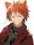  1boy ^_^ absurdres animal_ear_fluff animal_ears arknights chiave_(arknights) closed_eyes facing_viewer goggles goggles_around_neck grey_shirt grin hair_between_eyes highres jacket male_focus motoha open_clothes open_jacket orange_hair red_jacket shirt signature simple_background smile solo v-shaped_eyebrows white_background 