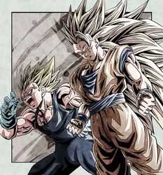  2boys anger_vein angry biceps blonde_hair blue_bodysuit blue_sash blue_shirt blue_wristband bodysuit border clenched_hands closed_mouth commentary_request dougi dragon_ball dragon_ball_z gloves green_eyes grey_background hand_up long_hair majin_vegeta male_focus multiple_boys muscular muscular_male no_eyebrows open_mouth orange_pants outside_border pants pectorals sash shirt short_sleeves simple_background sleeveless sleeveless_bodysuit smile smirk son_goku spiky_hair standing super_saiyan super_saiyan_3 teeth tongue ushi_(akabec0) v-shaped_eyebrows vegeta veins very_long_hair white_border white_gloves wristband 