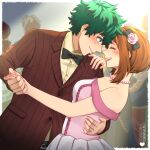  1boy 1girl black_bow blush boku_no_hero_academia bow brown_eyes brown_hair couple dancing dress flower freckles green_eyes green_hair highres holding_hands holding_waist jacket long_eyelashes midoriya_izuku open_mouth pink_dress red_jacket reishichi scar short_hair simple_background smile superhero the_lovers_(tarot) uraraka_ochako white_flower 