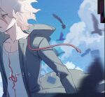  1boy :o animal bird clouds collarbone danganronpa_(series) danganronpa_2:_goodbye_despair day from_side green_jacket grey_hair hood hooded_jacket jacket komaeda_nagito long_sleeves male_focus messy_hair open_clothes open_jacket open_mouth outdoors print_shirt shirt solo ziling 