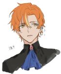  1boy ascot black_shirt blonde_hair blue_ascot closed_mouth commentary_request ear_chain earrings green_hair higashiyama_(m_hvmi) highres japanese_clothes jewelry male_focus multicolored_hair orange_hair partial_commentary portrait project_sekai shinonome_akito shirt short_hair sideways_glance simple_background solo star_(symbol) streaked_hair white_background 