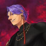  1boy black_shirt duryodhana_(fate) earrings facial_hair fate/grand_order fate_(series) fusso_oekaki goatee goatee_stubble hair_ornament hairclip highres jewelry male_focus mature_male muscular muscular_male necklace purple_hair red_background sash shirt short_hair shoulder_sash single_earring smile solo upper_body violet_eyes 