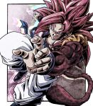  1boy arm_up baggy_pants biceps black_vest blue_eyes blue_sash blue_wristband body_fur border closed_mouth commentary_request dragon_ball dragon_ball_gt gogeta highres looking_at_viewer male_focus metamoran_vest monkey_tail muscular muscular_male open_clothes open_vest outside_border outstretched_arm pants pectorals purple_background red_fur redhead sash simple_background smile smirk solo spiky_hair super_saiyan super_saiyan_4 tail ushi_(akabec0) v-shaped_eyebrows vest white_border white_pants wristband 