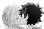  1boy 1girl boku_no_hero_academia closed_eyes commentary_request flower freckles greyscale hair_flower hair_ornament hand_on_another&#039;s_shoulder hetero kiss midoriya_izuku monochrome tooshiro10 twitter_username uraraka_ochako 