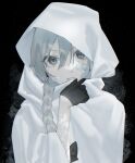 1girl alternate_costume black_background black_bow black_gloves bow braid cloak collar_tug commentary_request earmuffs expressionless fog gloves grey_eyes grey_hair hair_between_eyes hair_bow hair_over_shoulder head_tilt hood hood_up hooded_cloak long_hair looking_at_viewer mi8pq parted_lips sekka_yufu snowflakes solo straight-on upper_body utau white_cloak