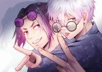  2boys black_eyes blue_lock blue_shirt glasses grin hand_up highres hug hug_from_behind long_sleeves looking_at_viewer male_focus mikage_reo mocha_(w-mocha95) multiple_boys nagi_seishirou purple-tinted_eyewear purple_hair round_eyewear shirt short_eyebrows short_hair smile teeth tinted_eyewear tongue tongue_out twitter_username upper_body v violet_eyes white_background white_hair 