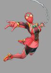  1girl absurdres animal_print bodysuit breasts chest_jewel core_crystal_(xenoblade) cosplay covered_navel gold_trim grey_background highres jewelry marvel mask pantyhose pyra_(xenoblade) red_bodysuit red_footwear red_skirt signature silk skirt solo spider-man spider-man_(cosplay) spider-man_(series) spider_print spider_web spider_web_print superhero swinging thigh-highs thighhighs_over_pantyhose thighs xenoblade_chronicles_(series) xenoblade_chronicles_2 you_nf 
