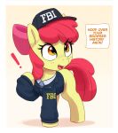  ! 1girl absurdres apple_bloom blue_eyes english_text fbi hat highres my_little_pony my_little_pony:_friendship_is_magic no_humans open_mouth pabbley pink_hair pony_(animal) simple_background solo speech_bubble yellow_fur 