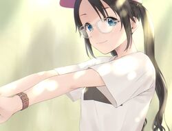  1girl black_hair blue_eyes blurry blurry_background blush bow breasts closed_mouth dappled_sunlight glasses green_background hair_bow hands_up hat highres idolmaster idolmaster_shiny_colors long_hair looking_at_viewer mitsumine_yuika pachiko pink_headwear print_shirt shirt short_sleeves small_breasts smile solo stretching sunlight twintails upper_body watch watch white-framed_eyewear white_shirt yellow_bow 