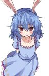  1girl animal_ears arms_behind_back blue_dress blue_hair chestnut_mouth collarbone crescent_print dress frilled_dress frills hair_between_eyes hair_tie light_blush looking_at_viewer mifutatsu ponytail rabbit_ears rabbit_girl red_eyes seiran_(touhou) simple_background solo star_(symbol) star_print touhou twintails upturned_eyes white_background 