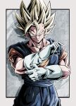  1boy biceps blonde_hair blue_pants blue_sash border closed_mouth collarbone commentary_request dougi dragon_ball dragon_ball_z earrings gloves green_eyes grey_background hand_up jewelry looking_at_viewer male_focus muscular muscular_male orange_shirt outside_border pants pectorals potara_earrings sash shadow shirt short_sleeves simple_background smile smirk solo spiky_hair super_saiyan super_saiyan_1 ushi_(akabec0) v-shaped_eyebrows vegetto white_border white_gloves 