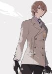  1boy akechi_gorou black_gloves black_pants blazer brown_hair brown_jacket dress_shirt gloves grey_background hair_between_eyes highres holding holding_suitcase jacket konbanha06 long_sleeves looking_at_viewer male_focus necktie pants persona persona_5 purple_shirt red_eyes school_uniform shirt short_hair signature simple_background suitcase 