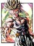  1boy arm_up belt biceps blonde_hair blue_eyes blue_jumpsuit border closed_mouth commentary_request dragon_ball dragon_ball_z energy highres jumpsuit looking_at_viewer male_focus multicolored_background muscular muscular_male outside_border outstretched_arm pectorals polka_dot polka_dot_background serious simple_background sleeveless sleeveless_jumpsuit solo spiky_hair super_saiyan super_saiyan_1 trunks_(dragon_ball) trunks_(future)_(dragon_ball) ushi_(akabec0) v-shaped_eyebrows white_border yellow_belt 