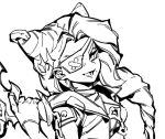  1girl :d breasts cone_hair_bun eyepatch greyscale gun hair_bun hand_up holding holding_gun holding_weapon jacket league_of_legends long_hair looking_at_viewer lower_teeth_only medium_breasts mole mole_under_mouth monochrome open_clothes open_jacket phantom_ix_row samira smile solo soul_fighter_samira teeth upper_body weapon 