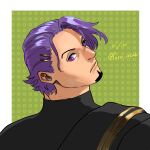  1boy black_shirt duryodhana_(fate) earrings facial_hair fate/grand_order fate_(series) fusso_oekaki goatee goatee_stubble hair_ornament hairclip highres jewelry looking_at_viewer looking_back male_focus mature_male purple_hair sash shirt short_hair shoulder_sash signature solo upper_body violet_eyes 