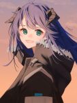  1girl :d absurdres arknights black_jacket blue_hair character_request clouds floating_hair from_side fur-trimmed_hood fur_trim green_eyes highres hood hood_up hooded_jacket horns jacket long_hair motoha outdoors signature smile solo sunset upper_body 