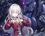  1girl 1other armor belt blurry blurry_foreground clara_(honkai:_star_rail) closed_eyes commentary grey_hair hair_between_eyes hair_ornament heart heart_hands highres honkai:_star_rail honkai_(series) jacket long_hair robot shiroi_ou signature smile snow svarog_(honkai:_star_rail) winter_clothes 