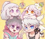  2boys 2girls :d black_cat blue_eyes cat closed_mouth feathered_wings grey_hair hand_on_another&#039;s_head highres hua_hua_de_meme jacket long_hair looking_at_viewer multiple_boys multiple_girls on_person original pink_eyes pink_jacket ponytail smile star_(symbol) striped_tank_top tank_top upper_body violet_eyes watermark white_hair white_wings wings yellow_background yellow_eyes 