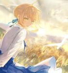  1girl ahoge arms_behind_back artoria_pendragon_(fate) bird blonde_hair blue_ribbon blue_skirt braid braided_bun chromatic_aberration clouds colored_eyelashes cowboy_shot cross-laced_clothes cross-laced_skirt dutch_angle fate/stay_night fate_(series) field floating_clothes floating_hair from_behind green_eyes hair_bun hair_ribbon highres horizon light_particles long_sleeves looking_at_viewer looking_back neck_ribbon nigiri open_mouth outdoors overcast pleated_skirt ribbon saber shirt sidelocks single_hair_bun skirt sky smile solo sun sunlight sunrise wheat_field white_bird white_shirt 