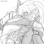  2girls bow dress from_side greyscale gwen_(league_of_legends) hair_bow hug league_of_legends long_hair monochrome multiple_girls pantyhose poppy_(league_of_legends) short_sleeves translation_request twintails xayahsona_27 yordle 