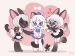  3girls :d animal_ears apron artist_name black_dress black_fur blue_dress blush cat_ears cat_girl cat_tail closed_eyes dress fangs full_body furry furry_female gradient_fur hands_on_own_cheeks hands_on_own_face heart highres holding holding_clothes hua_hua_de_meme leg_up long_hair maid multiple_girls original pink_background signature smile standing standing_on_one_leg tail waist_apron white_apron white_dress white_fur white_hair 