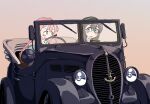  2girls akashi_(kancolle) black_hair blue_eyes blush car commentary_request driving glasses green_eyes hair_between_eyes hair_ribbon hairband kantai_collection kisei_mt long_hair long_sleeves motor_vehicle multiple_girls ooyodo_(kancolle) open_mouth pink_hair red_ribbon ribbon simple_background vehicle_focus vehicle_request 