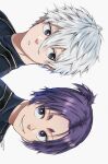  2boys black_eyes black_shirt blue_lock grin highres looking_at_another male_focus mikage_reo multiple_boys nagi_seishirou portrait purple_hair riri_oekaki08 shirt short_eyebrows short_hair short_ponytail sideways simple_background smile teeth v-shaped_eyebrows violet_eyes white_background white_hair 