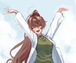  1girl arms_up bear_hair_ornament blue_sky brown_hair buttons carmen_(project_moon) closed_eyes clouds coat collared_shirt green_shirt hair_ornament happy high_ponytail lab_coat lobotomy_corporation long_hair open_mouth project_moon shirt shrimp_1437 sidelocks sky smile solo very_long_hair white_coat wing_collar 