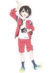  1girl :o black_hair black_socks blue_eyes camera full_body holding holding_camera hood hoodie jacket koe_no_katachi long_sleeves looking_at_viewer nikujiru_(nickjr) nishimiya_yuzuru open_mouth red_jacket red_shorts reverse_trap shoes short_hair shorts sneakers socks white_background white_hoodie 