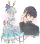  1boy 1girl animal_ears atelier_(series) atelier_sophie atelier_sophie_2 back_cutout bare_shoulders black_hair blue_dress blue_eyes blue_hairband clothing_cutout crossed_arms detached_sleeves diebold_lewerenz dress eyes_visible_through_hair fake_animal_ears fake_tail grey_eyes grey_hair hair_rings hairband hand_in_own_hair hani_(udauda) legs_apart long_hair open_mouth plachta purple_ribbon rabbit_ears rabbit_tail ribbon simple_background standing tail thighs turtleneck white_background white_sleeves 