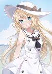  1girl absurdres blonde_hair blue_eyes blush day dress fathom hat highres jervis_(kancolle) kantai_collection long_hair ocean open_mouth outdoors sailor_collar sailor_dress sleeveless sleeveless_dress smile solo sun_hat upper_body white_dress white_headwear white_sailor_collar 