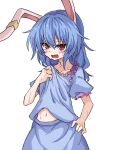  1girl animal_ears blue_dress blue_hair collarbone dress earclip frilled_dress frills hair_between_eyes hand_on_own_hip highres light_blush looking_at_viewer mifutatsu navel open_mouth ponytail rabbit_ears rabbit_girl red_eyes seiran_(touhou) simple_background solo sweat touhou twintails very_sweaty white_background 
