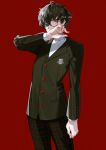  1boy amamiya_ren black_hair black_jacket blazer brown_eyes checkered_pants covering_mouth cowboy_shot glasses hair_between_eyes hand_over_own_mouth jacket long_sleeves looking_at_viewer male_focus nk_sita pants persona persona_5 red_background school_uniform short_hair shuujin_academy_school_uniform simple_background turtleneck twitter_username 