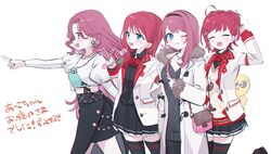  299_(horisso) 4girls :d ;3 asahina_akane_(1st_costume)_(nijisanji) asahina_akane_(2nd_costume)_(nijisanji) asahina_akane_(3rd_costume)_(nijisanji) asahina_akane_(nijisanji) bag black_hairband black_shirt black_skirt black_sweater blazer blue_eyes bow bowtie coat cropped_jacket dress emoji fang hairband handbag highres jacket long_hair microphone miniskirt multiple_girls multiple_persona nijisanji official_alternate_costume one_eye_closed pleading_face_emoji pleated_skirt red_bow red_bowtie redhead school_uniform selene_girls_school_uniform shirt short_hair skirt smile sweater sweater_dress very_long_hair virtual_youtuber white_coat white_jacket 