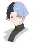  1boy aoyagi_touya blue_hair closed_mouth colorful_festival_(project_sekai) commentary_request dark_blue_hair eyes_visible_through_hair grey_eyes higashiyama_(m_hvmi) light_blue_hair looking_at_viewer male_focus mole mole_under_eye multicolored_hair official_alternate_costume official_alternate_hairstyle partial_commentary portrait project_sekai short_hair simple_background solo split-color_hair turtleneck two-tone_hair white_background 