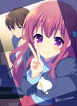  1boy 1girl :t black_sweater blue_eyes blush cheek_press closed_mouth commentary frown fuyuichi_monme girlish_number hair_between_eyes hand_up karasuma_chitose_(girlish_number) karasuma_gojou long_hair long_sleeves looking_at_another looking_at_viewer redhead sidelocks sitting smile solo_focus standing straight-on sweater twitter_username v viewfinder violet_eyes 