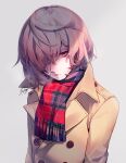  1boy akechi_gorou brown_coat buttons closed_mouth coat eyelashes frown highres long_sleeves male_focus persona persona_5 plaid plaid_skirt red_eyes shimogu short_hair signature simple_background skirt solo upper_body white_background 