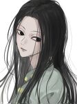  1boy black_eyes black_hair expressionless green_jacket highres hunter_x_hunter illumi_zoldyck jacket long_hair male_focus nenene_a2023 pin simple_background solo upper_body white_background 