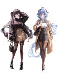  2girls absurdres ahoge alternate_costume aqua_eyes arm_behind_head bag bell black_bag black_bow black_footwear black_hair black_jacket black_pantyhose black_shirt black_skirt blue_hair bow brown_coat brown_pantyhose casual closed_mouth coat full_body ganyu_(genshin_impact) genshin_impact goat_horns hair_between_eyes hair_bow hair_ornament hand_in_own_hair hand_in_pocket handbag high_heels highres holding holding_bag horns jacket long_coat long_hair long_sleeves low_ponytail mona_(genshin_impact) multiple_girls myless neck_bell open_mouth pantyhose red_eyes shirt shoulder_bag sidelocks simple_background skirt smile star_(symbol) star_hair_ornament teeth turtleneck twintails upper_teeth_only very_long_hair white_background white_shirt yellow_skirt 