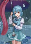  1girl absurdres aqua_hair aqua_skirt aqua_vest blue_eyes cowboy_shot hair_between_eyes highres juliet_sleeves karakasa_obake koizumo long_sleeves looking_at_viewer open_mouth puffy_sleeves rain red_eyes shirt short_hair skirt smile solo tatara_kogasa touhou umbrella white_shirt 