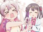  &gt;_&lt; 2girls :d bare_arms bare_shoulders black_hair bolo_tie colored_inner_hair commentary grey_hair hair_between_eyes hair_ornament hair_ribbon hairclip holding lab_coat long_hair long_sleeves multicolored_hair multiple_girls onii-chan_wa_oshimai! open_mouth pink_hair purple_hair red_ribbon red_shirt ribbon sakura_planet sekihan_(tradition) shirt siblings sisters smile twintails two-tone_hair wavy_mouth wince wing_collar 