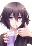  1girl absurdres black_shirt brown_hair closed_mouth cup grimace_shake_(meme) highres holding holding_cup levana_violette_(lusan666) lusan666 meme original shirt short_hair solo t-shirt thumbs_up violet_eyes white_background 
