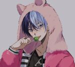  1boy animal_ears animal_hood aoyagi_touya awakening_beat_(project_sekai) beat_eater_(vocaloid) blue_eyes blue_hair candy commentary dark_blue_hair fingernails food grey_background hair_between_eyes hamster_ears hand_up highres holding holding_candy holding_food holding_lollipop hood hooded_jacket jacket jewelry lollipop long_sleeves looking_at_viewer male_focus mole mole_under_eye multicolored_hair official_alternate_costume open_mouth project_sekai ring short_hair simple_background so17p solo teeth two-tone_hair upper_body upper_teeth_only 