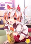  1girl :d all_fours animal_ears barefoot bell bloom blurry blurry_background blush calico cat_ears cat_tail collar commentary_request enjoy_mix fang goutokuji_mike hair_between_eyes happy indoors jingle_bell looking_at_viewer midriff multicolored_hair open_mouth orange_eyes overcast overexposure puffy_short_sleeves puffy_sleeves red_eyes short_sleeves skin_fang sky smile solo streaked_hair tail tatami toes touhou window 