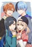  2boys 2girls aoyagi_touya azusawa_kohane baseball_cap black_hair blonde_hair blue_eyes blue_hair brown_eyes closed_mouth commentary_request dark_blue_hair fingernails gradient_hair hair_between_eyes hair_ornament hairclip hand_on_own_chin hand_up hands_up hat headphones headphones_around_neck highres hood hood_down hooded_jacket jacket light_brown_hair long_hair long_sleeves looking_at_viewer mizuyoshi mole mole_under_eye multicolored_hair multiple_boys multiple_girls open_clothes open_jacket open_mouth orange_eyes orange_hair partial_commentary project_sekai purple_hood shinonome_akito shiraishi_an short_hair short_twintails smile split-color_hair star_(symbol) star_hair_ornament streaked_hair teeth twintails two-tone_hair upper_body upper_teeth_only vivid_bad_squad_(project_sekai) 