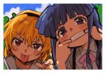  2girls :p black_hairband blonde_hair blue_hair blue_sky bow bowtie brown_eyes clenched_teeth clouds dress furude_rika green_dress hairband highres higurashi_no_naku_koro_ni houjou_satoko long_hair looking_at_viewer multiple_girls nuancho pink_bow pink_bowtie shirt short_hair sky smile teeth tongue tongue_out tree violet_eyes white_shirt 