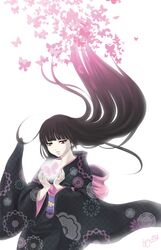  1girl black_hair blunt_bangs bug butterfly cowboy_shot dated enma_ai highres japanese_clothes jigoku_shoujo kimono long_hair long_sleeves obi parted_lips pink_butterfly print_kimono red_eyes sash signature simple_background solo tturururu very_long_hair white_background wide_sleeves 